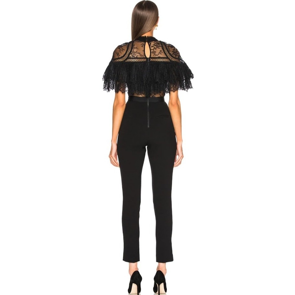 Self-Portrait Sz 10 Fine Lace Paneled Jumpsuit Black High Neck Ruffle Taper Leg - Picture 3 of 14